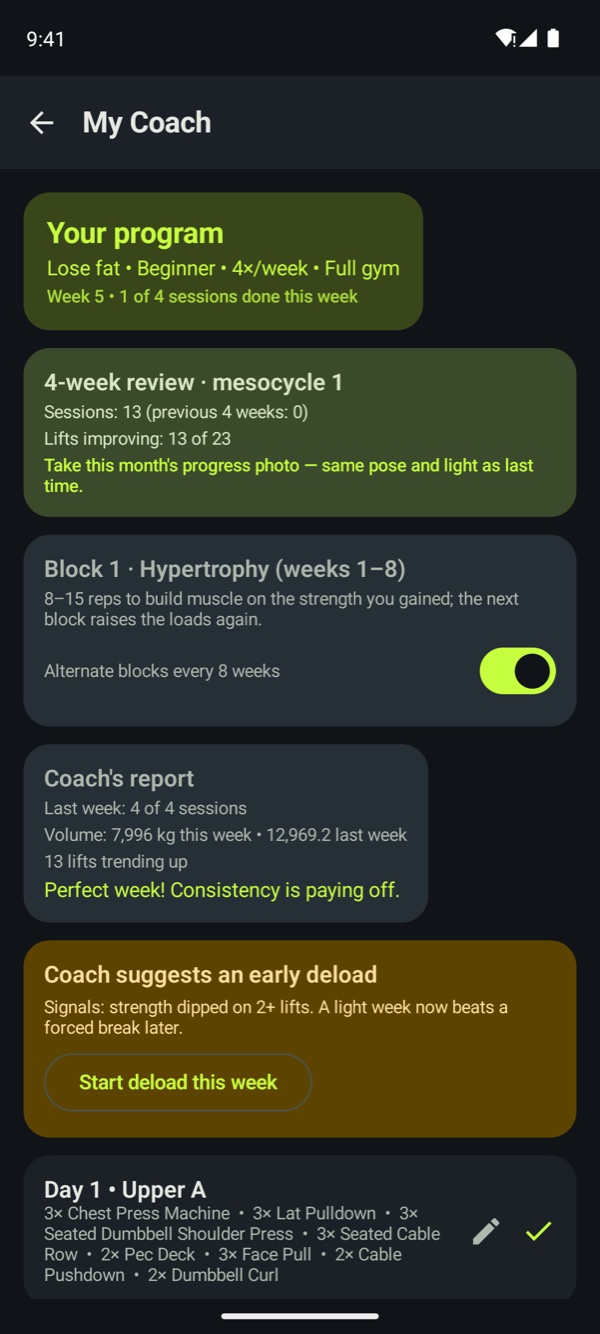 The coach screen with program and weekly report